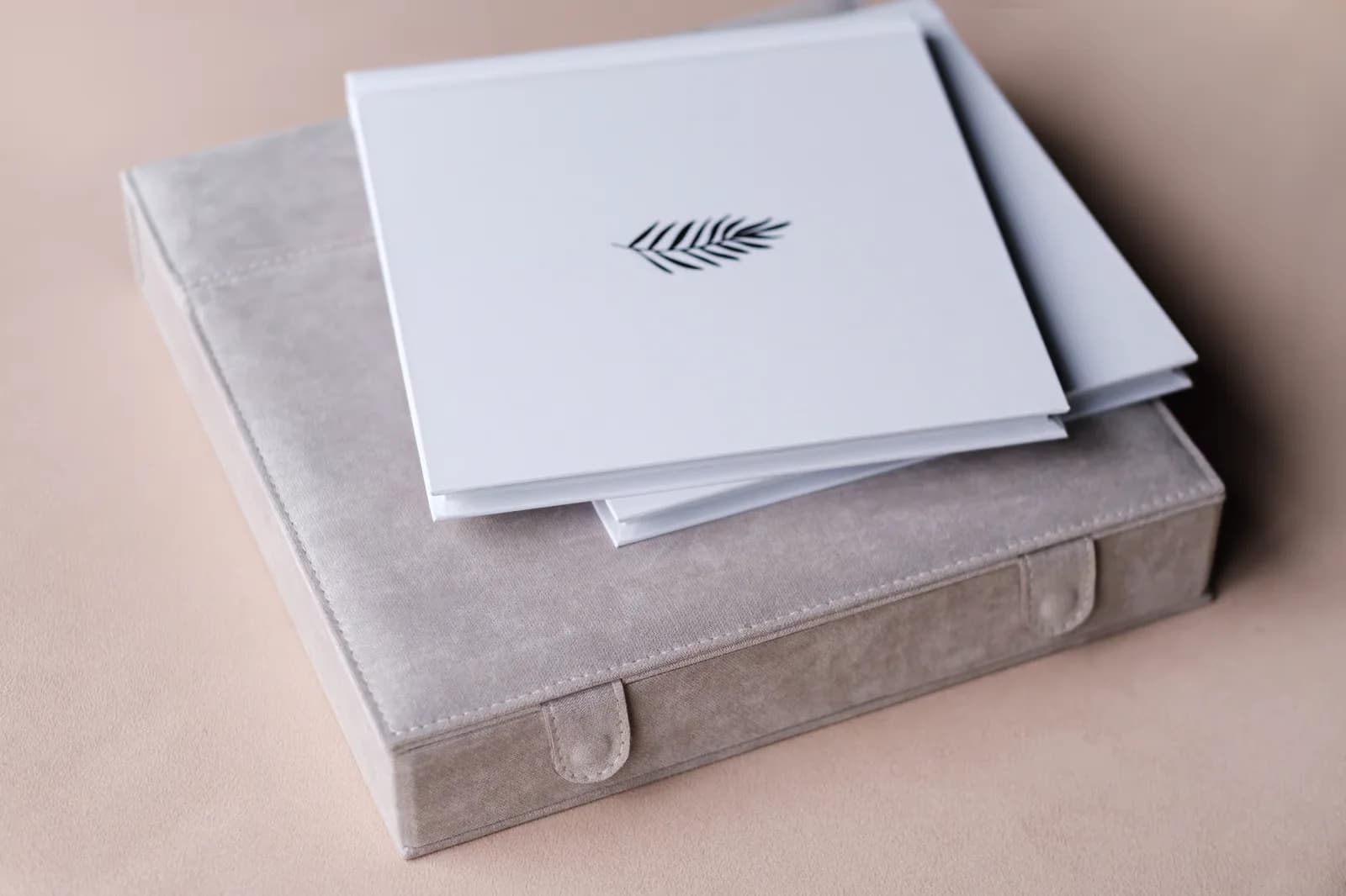 White wedding albums resting on a grey presentation box